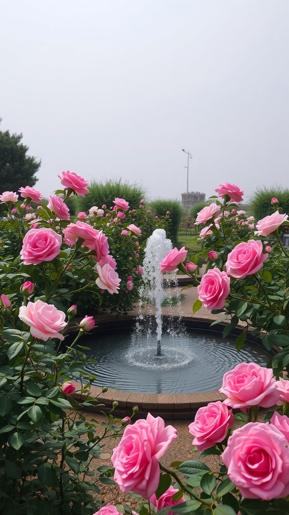 A beautiful rose garden featuring pink roses and a central water fountain.