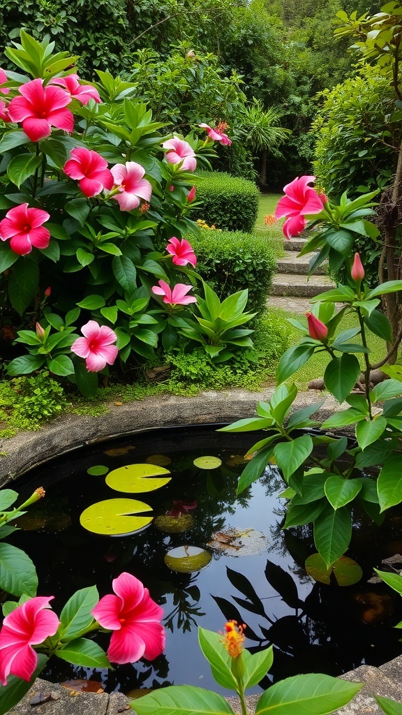 A vibrant garden featuring pink hibiscus flowers around a tranquil pond with lily pads.