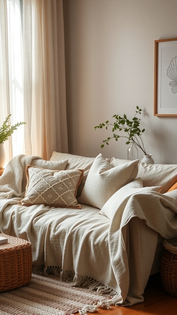 Cozy living room with a sofa adorned with cushions and a throw blanket.
