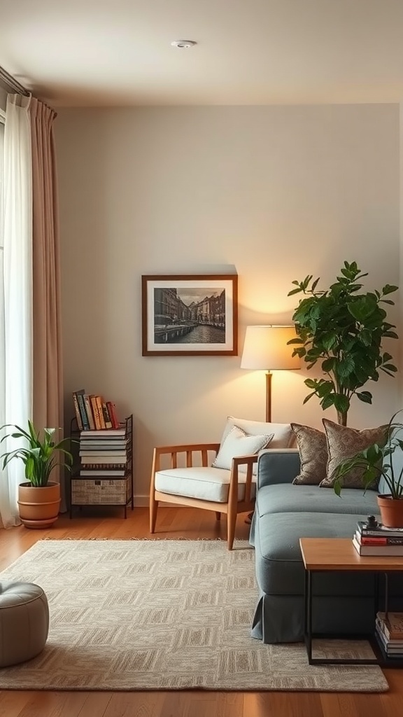 A small living room with a cozy chair, plants, and a lamp in the corner.