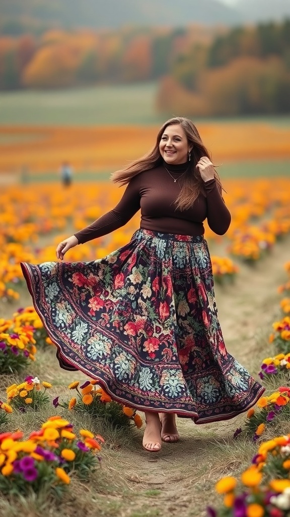 A woman in a floral printed maxi skirt and a brown turtleneck, twirling in a field of flowers.