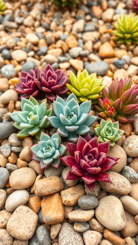 A vibrant arrangement of various succulents among smooth pebbles in a rock garden.