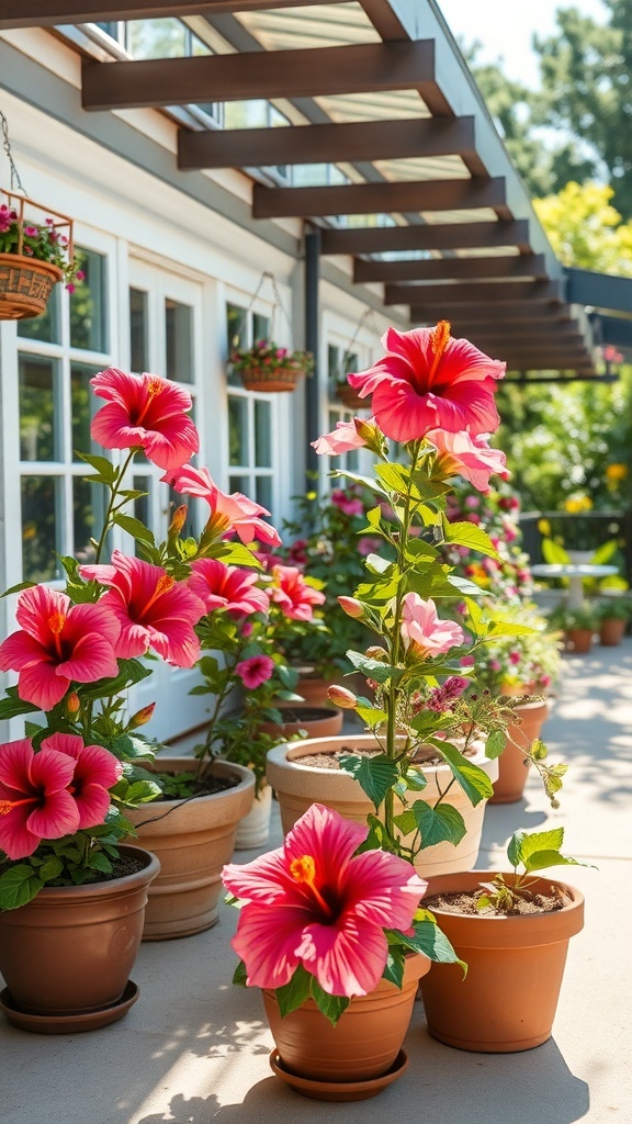 A collection of vibrant pink hibiscus flowers in terracotta pots on a sunny patio.