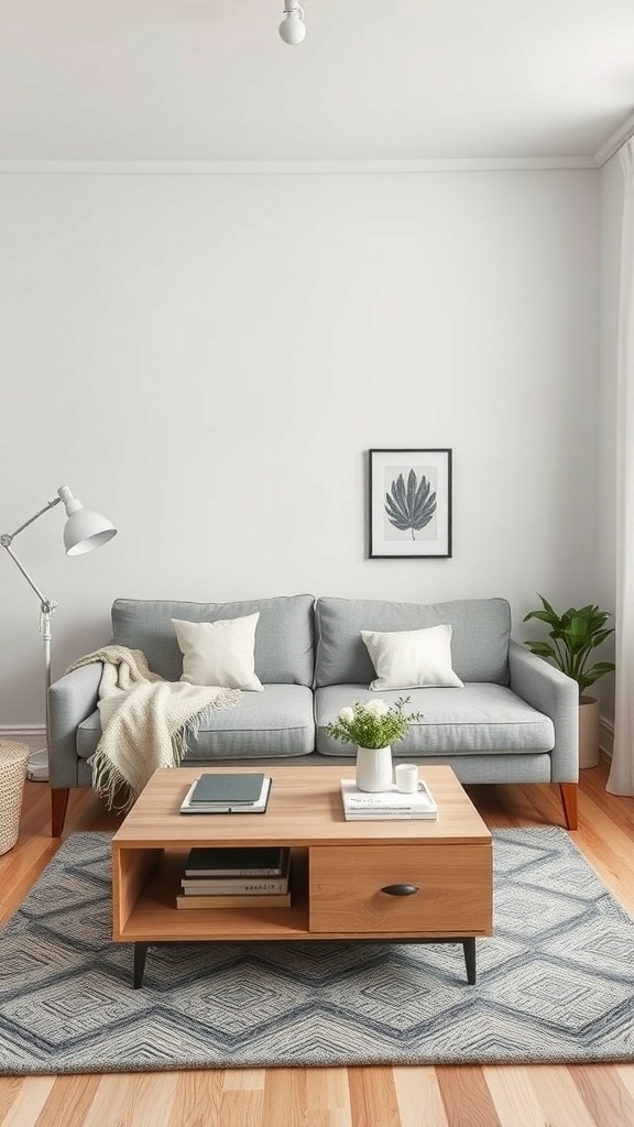 A cozy small living room with a grey sofa, a wooden coffee table, and a decorative plant.