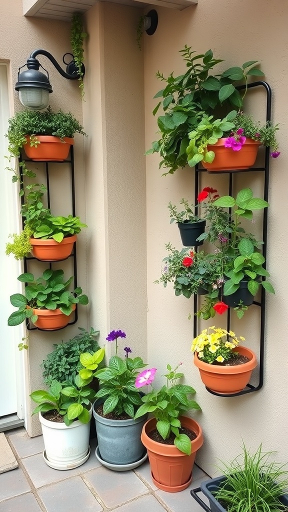 A vertical garden setup with tiered planters on a wall, featuring various plants and flowers.