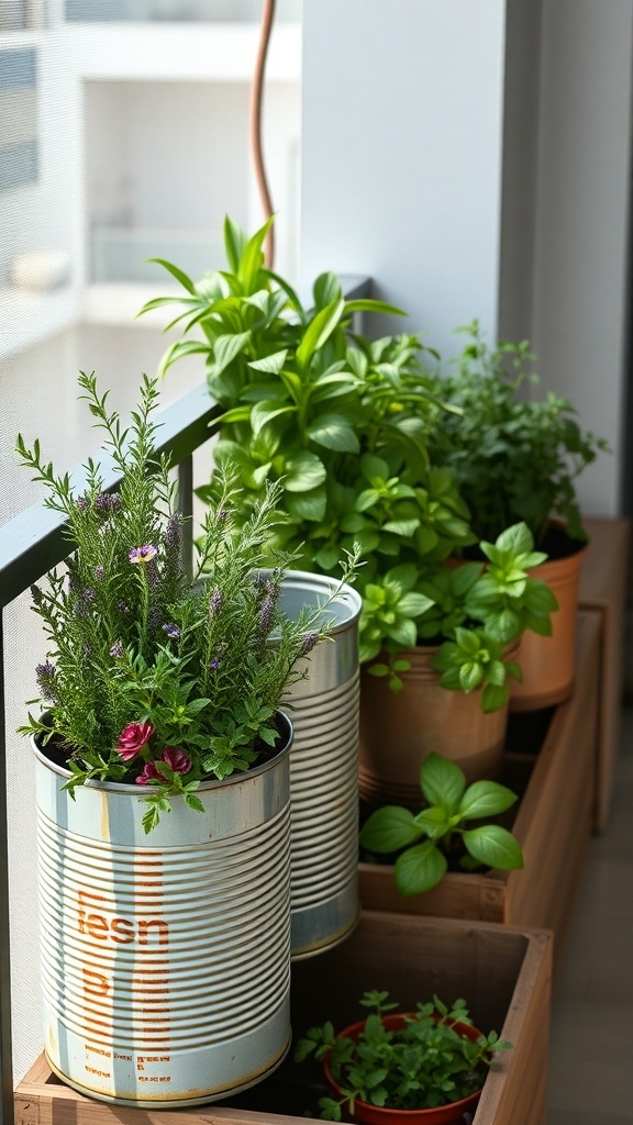A balcony garden featuring herbs in reclaimed containers, including tin cans and wooden boxes.