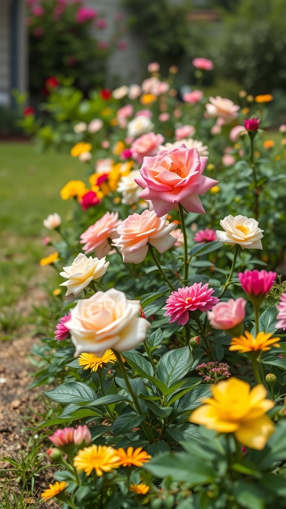 A vibrant garden with mixed flower borders featuring pink and yellow roses along with other colorful flowers.
