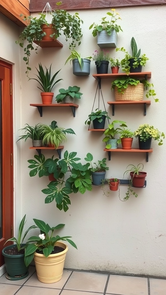 A wall-mounted garden with various plants in pots on shelves.