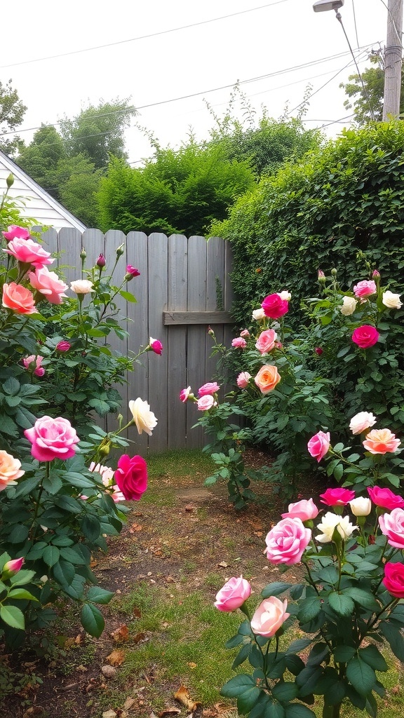 A backyard garden path lined with blooming roses in various shades, surrounded by lush greenery and a wooden fence.