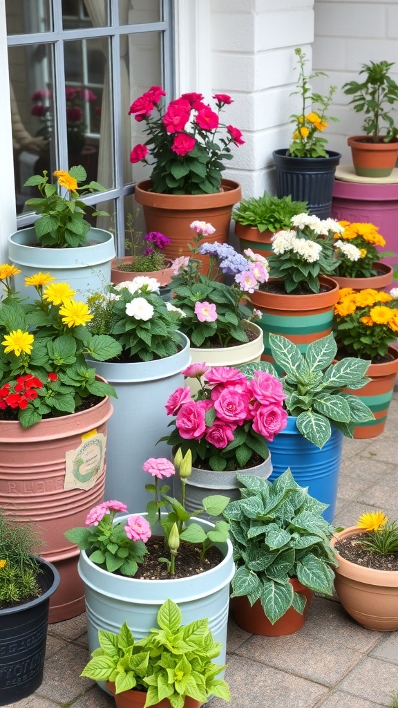 A collection of colorful potted plants on a small patio, showcasing various flowers and greenery.