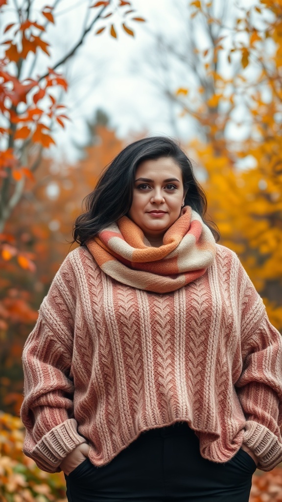 A plus-size woman wearing a layered knit sweater and scarf in a fall setting with colorful leaves.