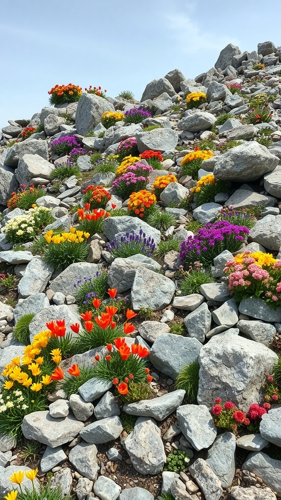A vibrant alpine rock garden filled with colorful flowers and stones.