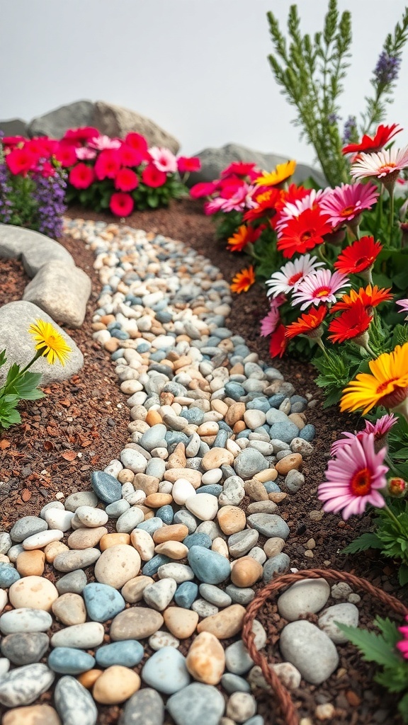 A colorful pebble pathway surrounded by vibrant flowers in a rock garden.
