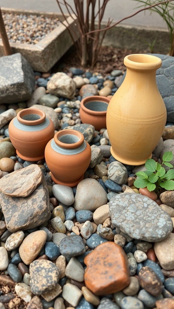 Vintage pottery pots arranged among colorful pebbles in a rock garden.