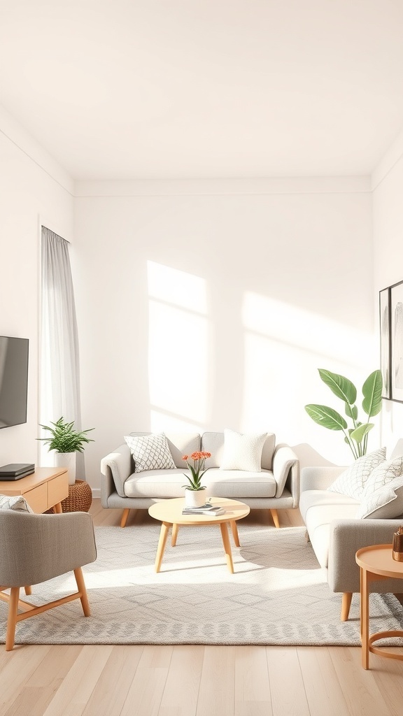 A small living room with light colors, featuring gray furniture and plants.
