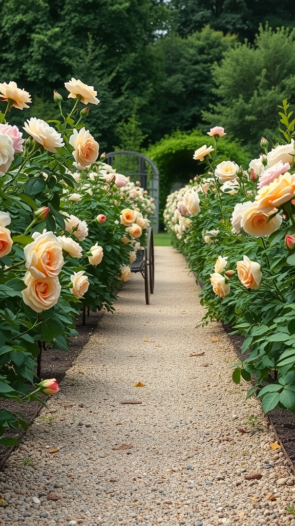 A beautiful rose pathway lined with peach-colored roses and gravel stones.