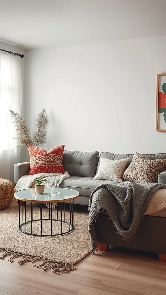 A cozy small living room with a gray sofa, colorful pillows, a round coffee table, and a woven rug.