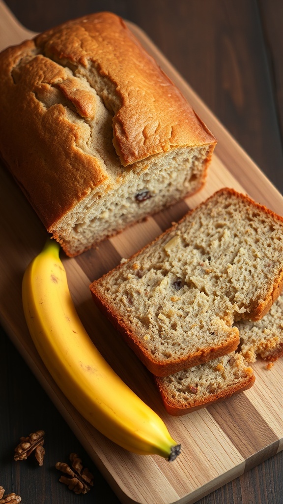 A loaf of banana bread sliced on a cutting board, with ripe bananas and walnuts beside it.