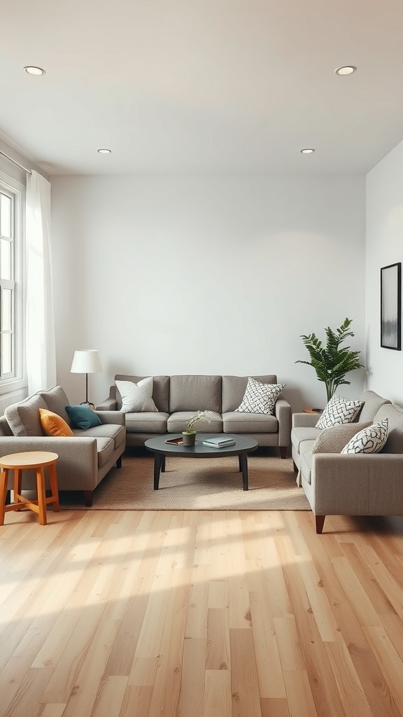 A small living room with a floating furniture arrangement, featuring a gray sofa, armchairs, and a round coffee table.