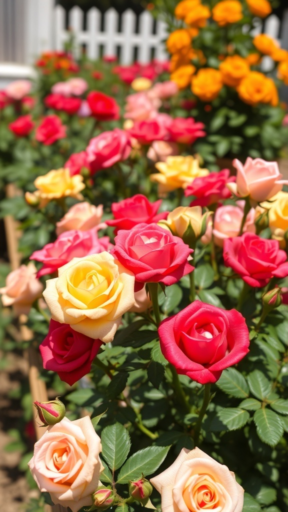 Colorful rose garden with pink, yellow, and orange roses