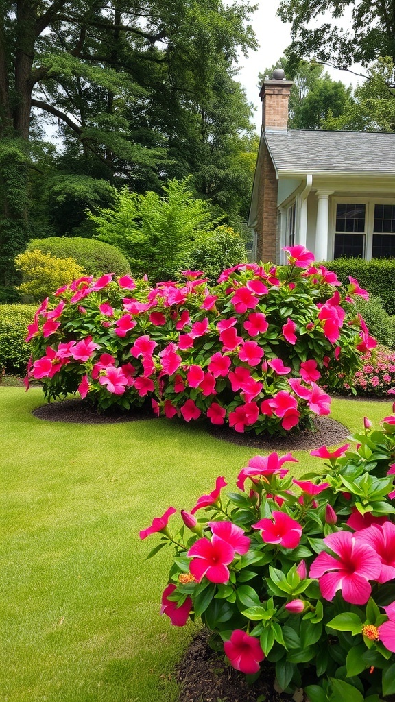 A vibrant hibiscus garden with pink flowers and lush green grass.