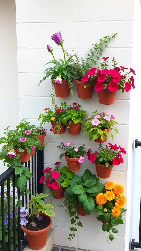 Colorful wall planters with various flowers arranged vertically on a white wall.