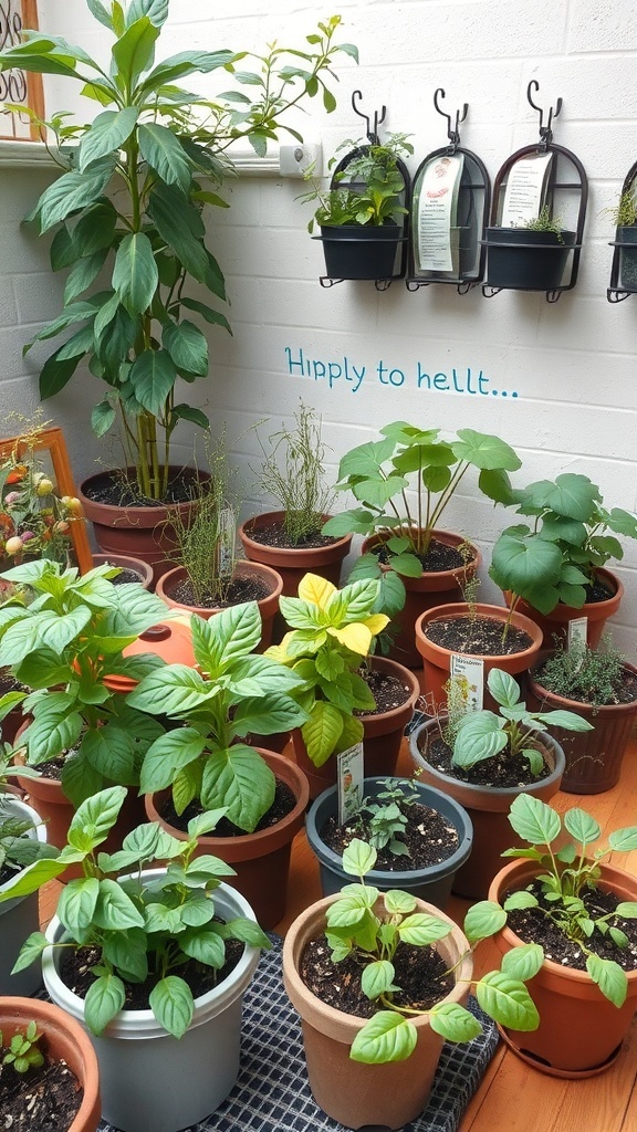 A small patio garden with various potted edible plants and herbs.