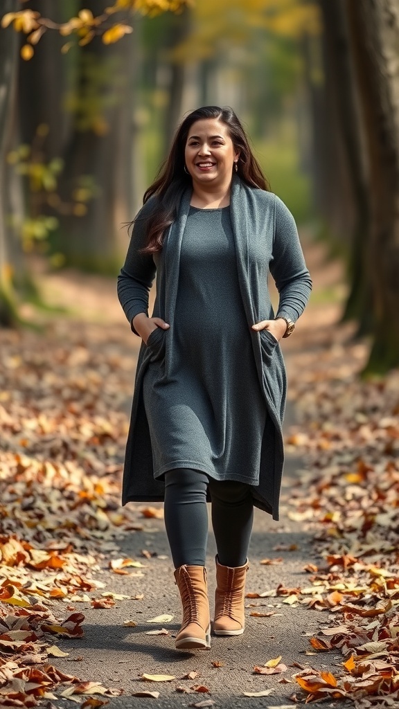 A woman walking in a forest during fall, wearing textured leggings and a long tunic.
