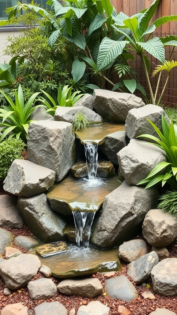 A small cascading waterfall made of rocks surrounded by lush green plants.