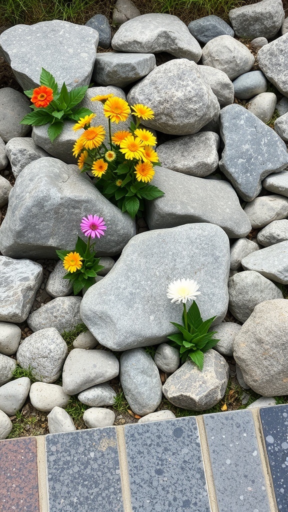 A rock garden featuring colorful flowers among gray stones.
