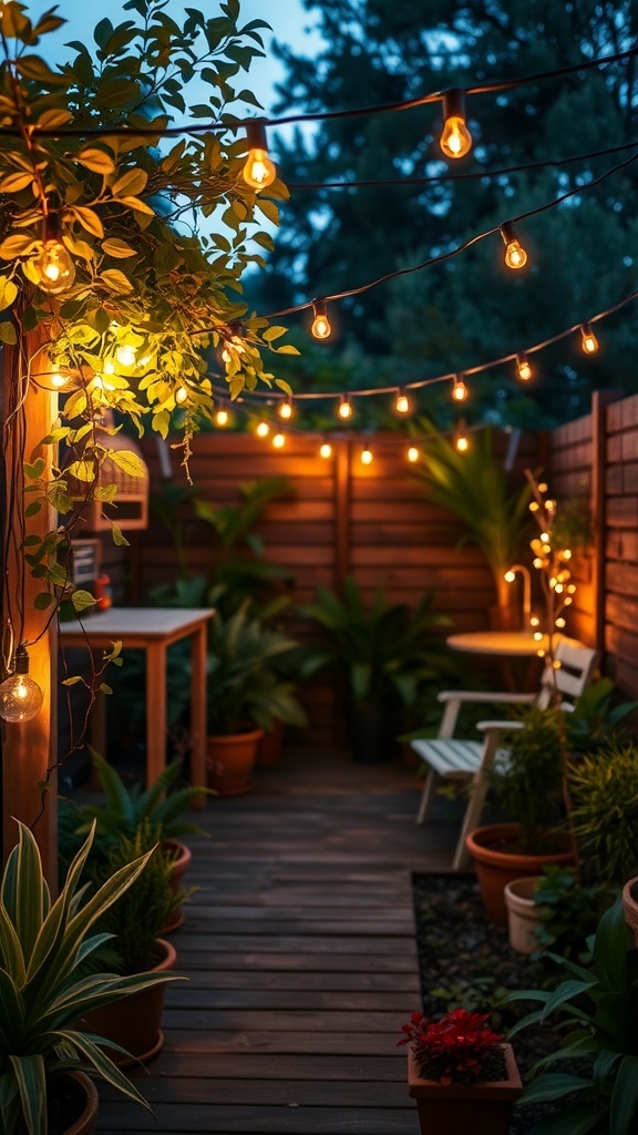 A cozy small patio garden with string lights illuminating the space, surrounded by plants and furniture.