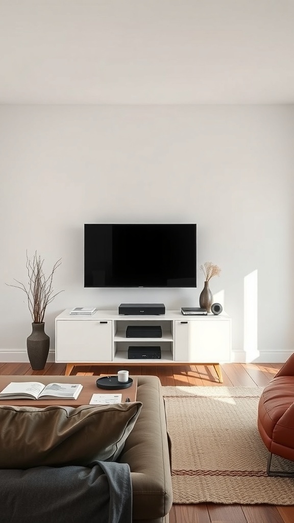 Compact entertainment system in a small living room with a TV and storage.