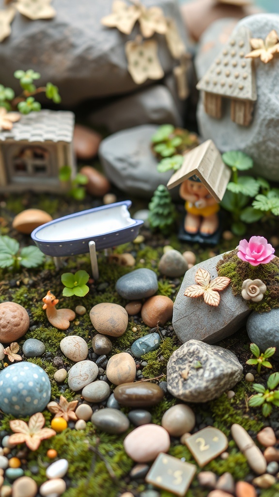 A fairy garden scene with miniature rocks, tiny houses, and playful decorations.