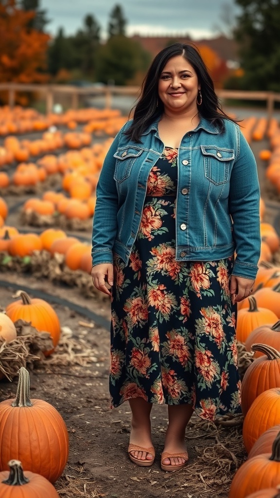 A plus-size woman wearing a floral dress and denim jacket standing in a pumpkin patch.
