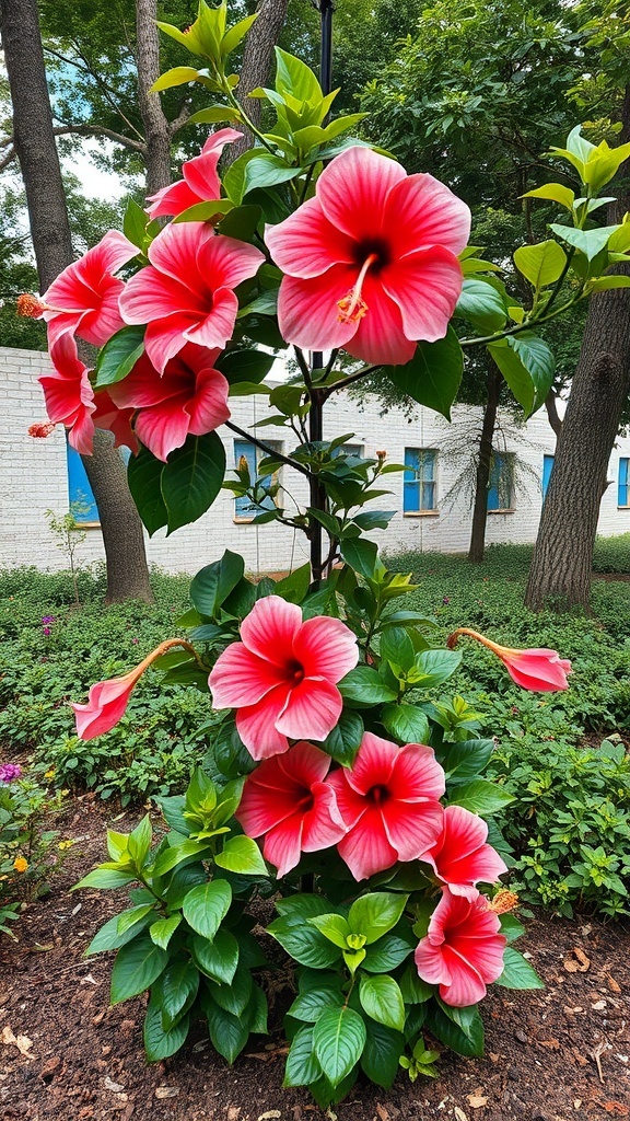 A vibrant display of pink hibiscus flowers in a garden setting.