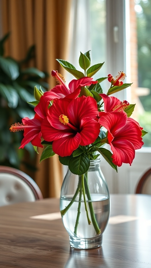 A vibrant arrangement of red hibiscus flowers in a clear vase on a wooden table.