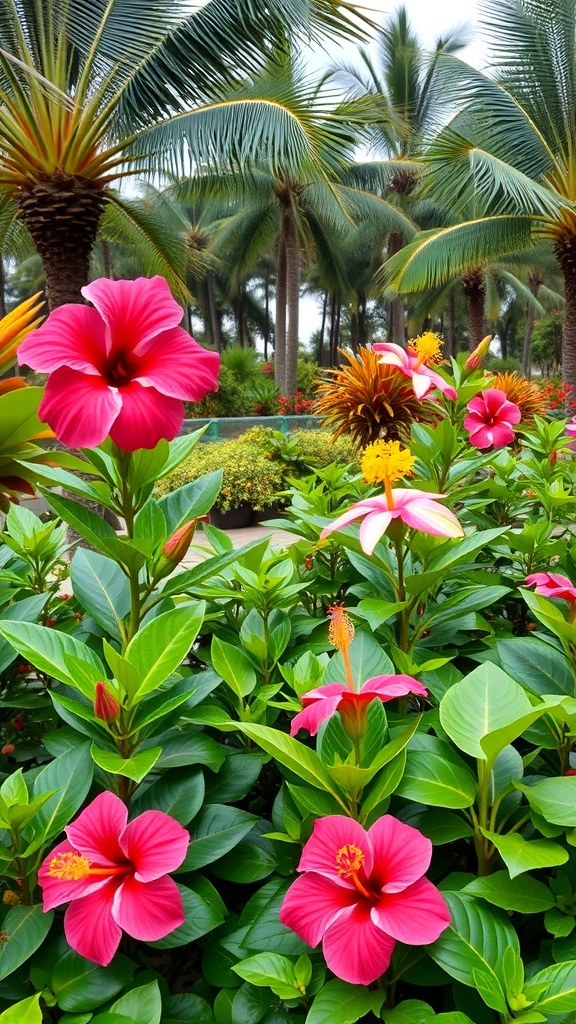 A vibrant hibiscus garden with pink flowers and palm trees in the background.