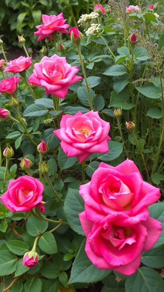 A vibrant garden featuring pink roses among green plants.