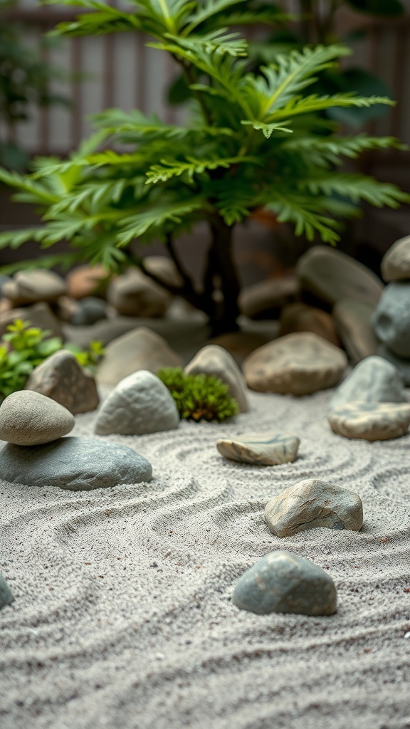 A miniature Japanese rock garden with smooth stones, fine sand, and a small plant.