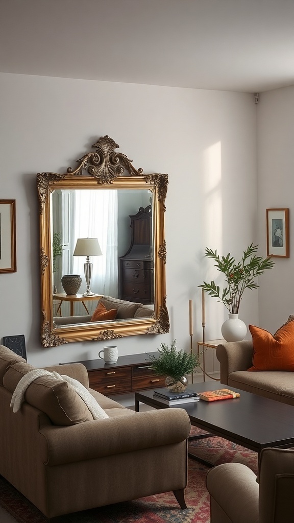 A cozy small living room featuring a large ornate mirror that reflects light and enhances the space.