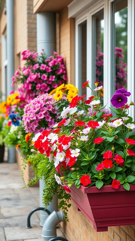 Colorful flower boxes filled with vibrant flowers on a balcony