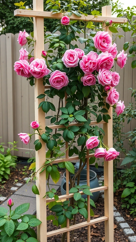A vertical wooden trellis with pink roses climbing on it in a backyard garden.