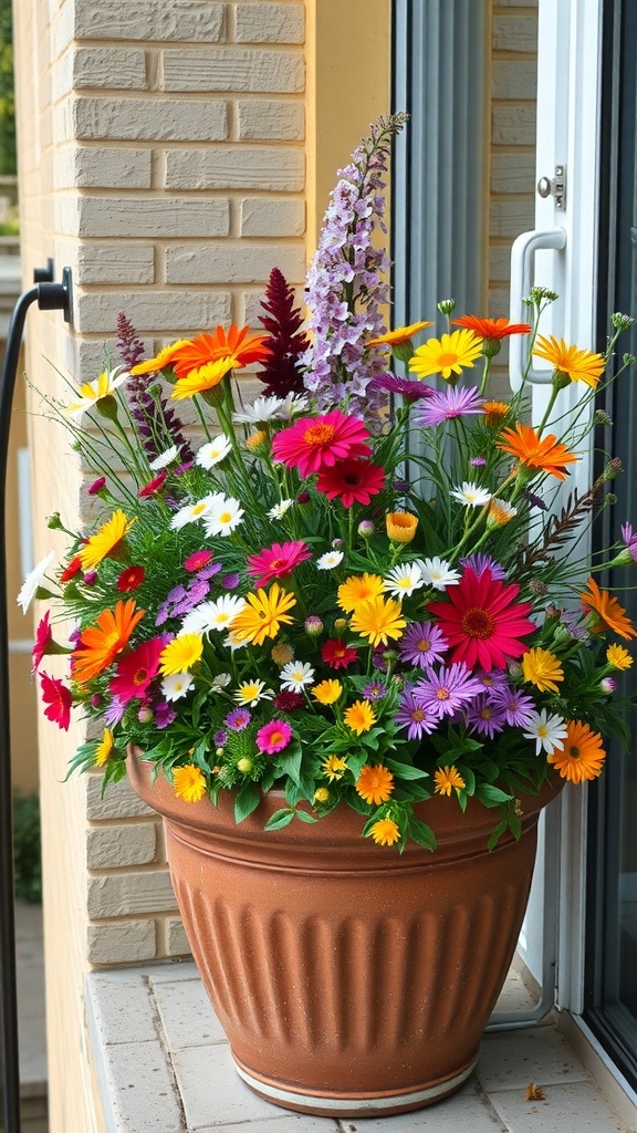A colorful container filled with various wildflowers on a balcony.