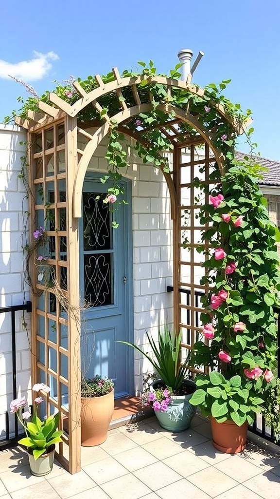 A wooden garden trellis with climbing plants and flowers on a balcony