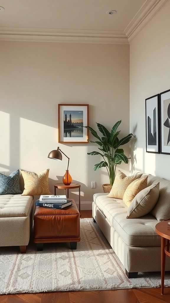 A cozy small living room featuring two sofas, an ottoman, and decorative pillows.