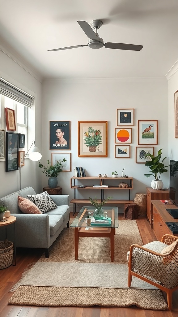Small living room with art on the walls, plants, and cozy furniture.