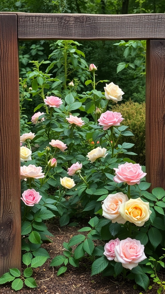 A rustic rose garden with pink and cream roses framed by wooden edging.
