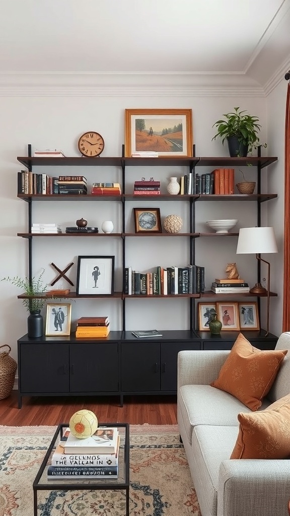 A stylish living room featuring tall shelving with books and decorative items.