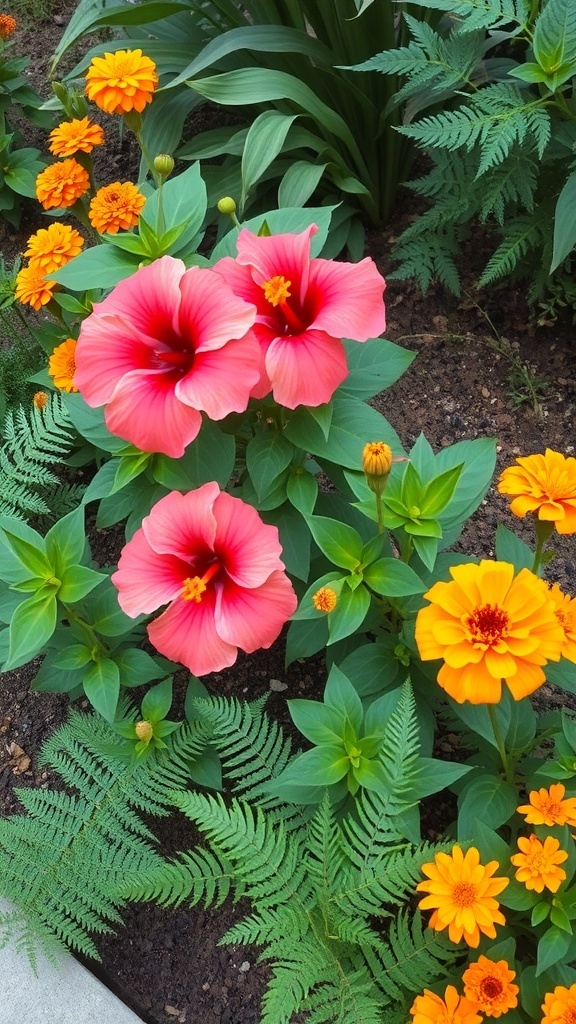 A vibrant garden featuring pink hibiscus flowers and orange marigolds with green ferns.