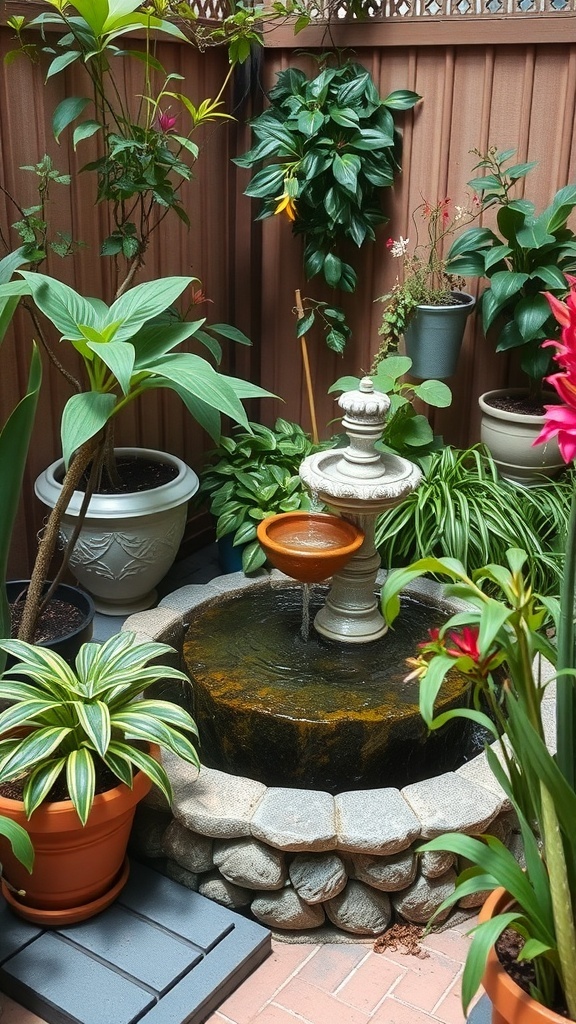 A small patio garden featuring a stone fountain surrounded by various potted plants.